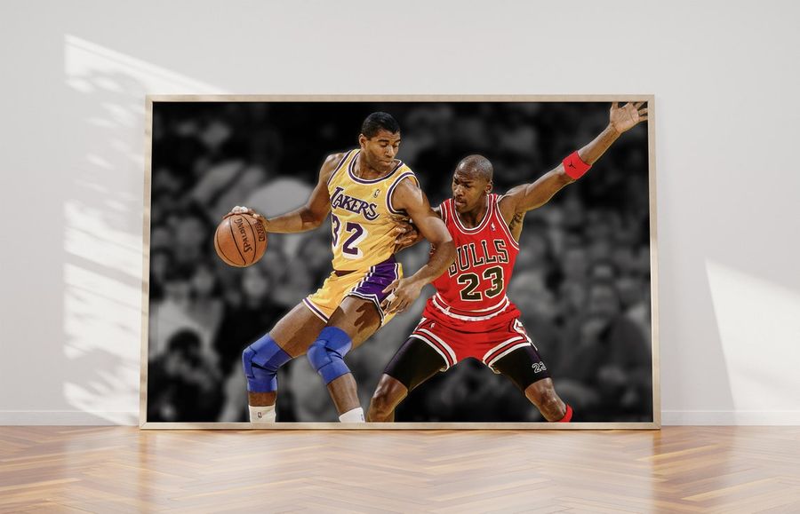 Magic Johnson, Michael Jordan, Chicago Bulls, LA Lakers, Basketball Legends, Canvas, Poster, NBA