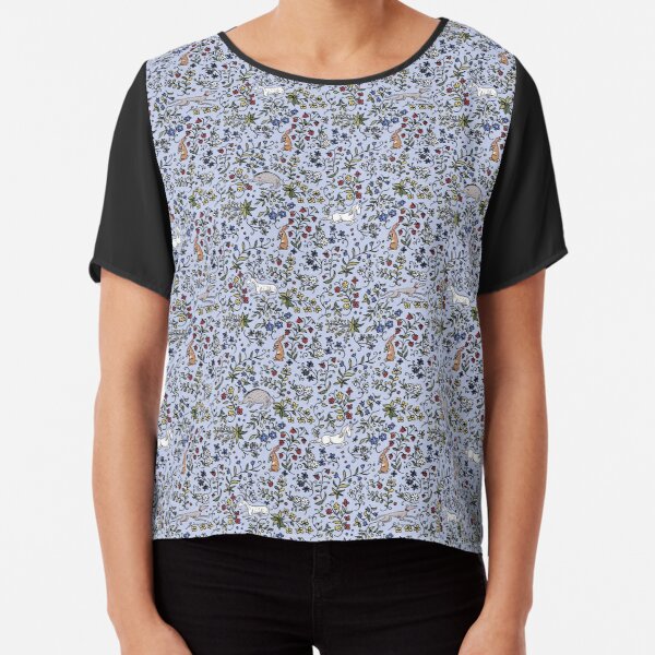 Medieval Animals Mille Fleurs Pattern with Blue Background Chiffon Top