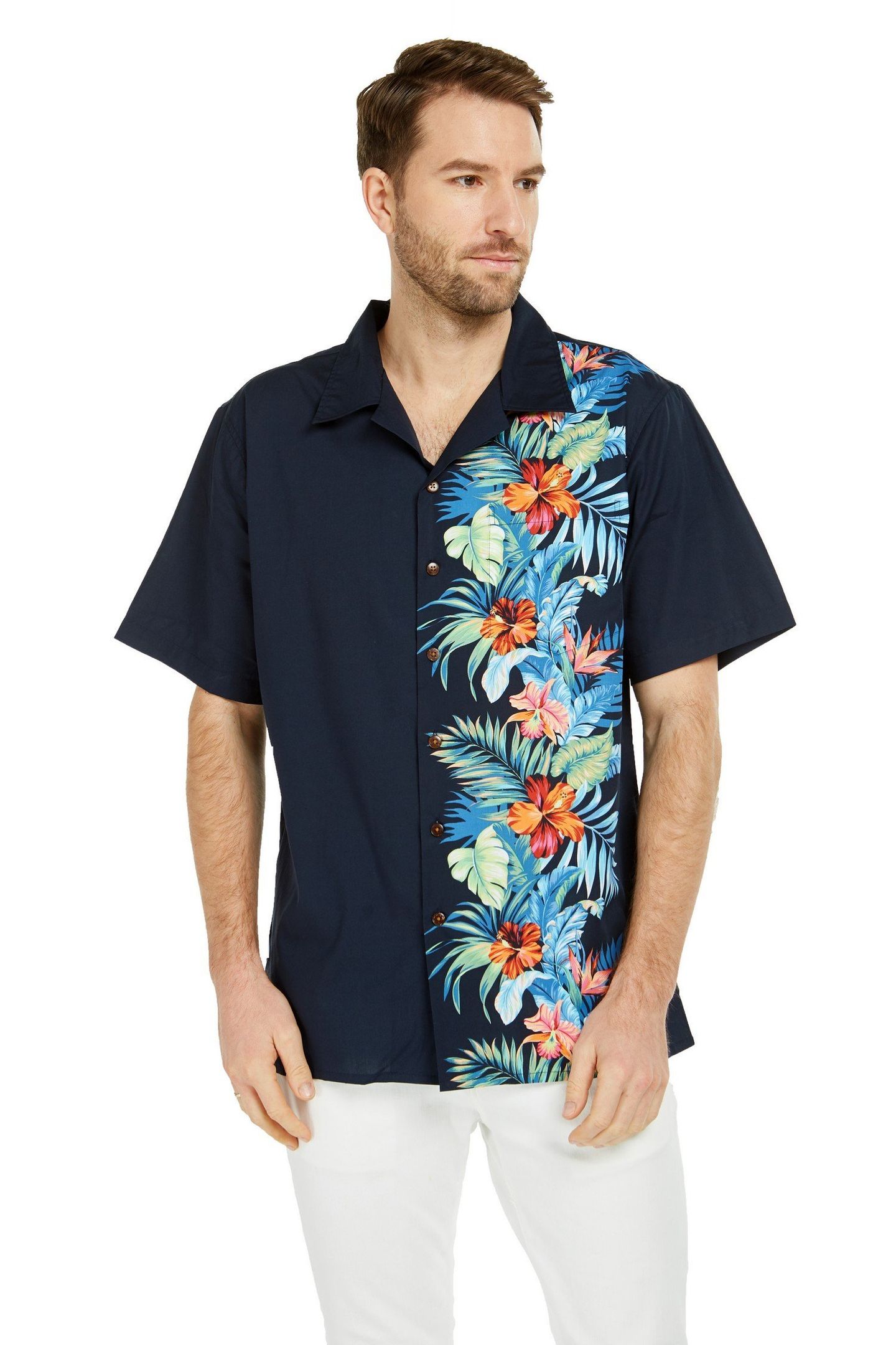Men’s Hawaiian Aloha Premium Cotton Shirt Orchid Paradise In Navy
