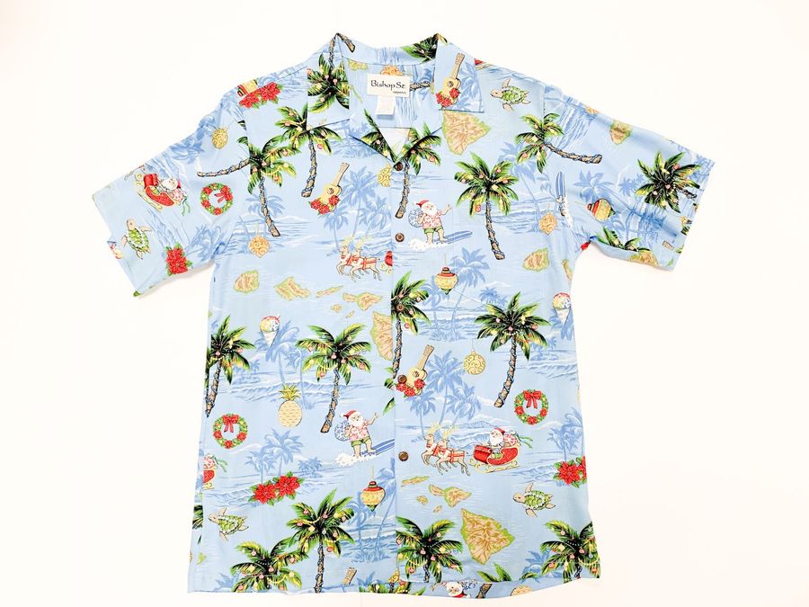 Men's Holiday Rayon Aloha Shirt, Made In Hawaii, Hawaiian Santa, Ukulele, Palm Tree, Shave Ice, Honu, Reindeer