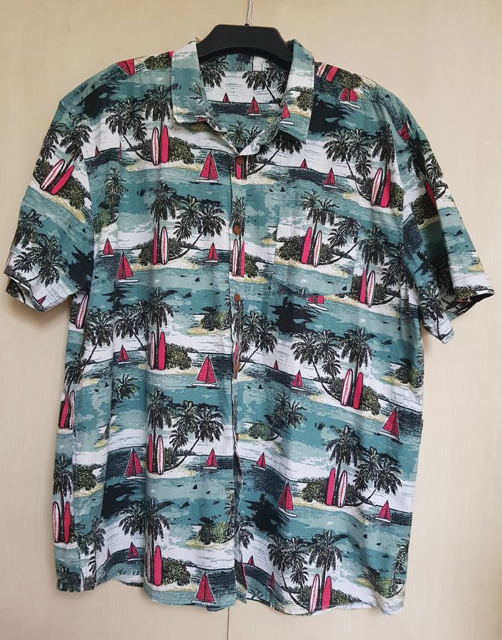 Mens Shirt Funky Vintage Blue Grey Red and White Tropical Print Mens Cotton Hawaiian Shirt