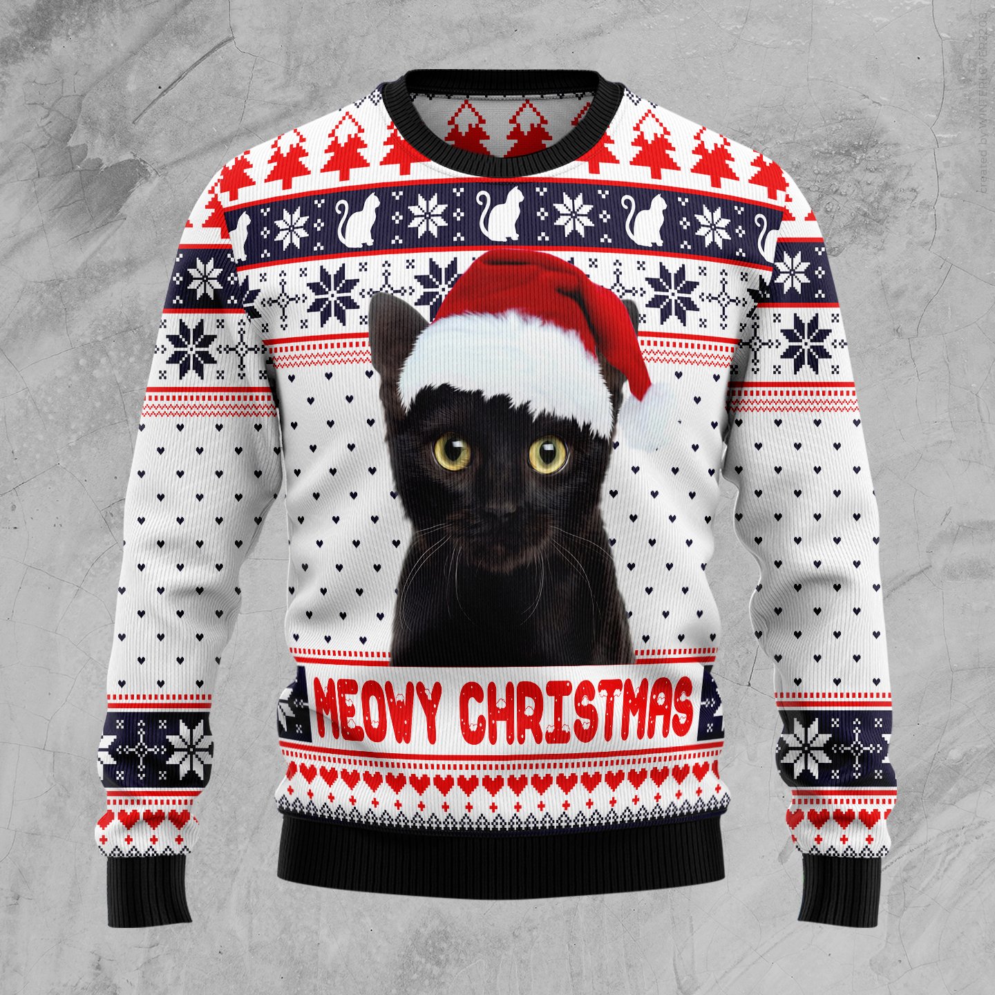 Meowy black cat with X-mas hat Christmas Ugly Christmas Sweater