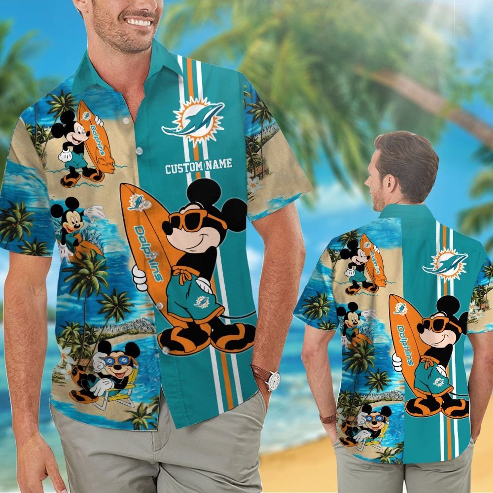 Miami Dolphins Mickey Custom Name Short Sleeve Button Up Tropical Aloha Hawaiian Shirts For Men Women