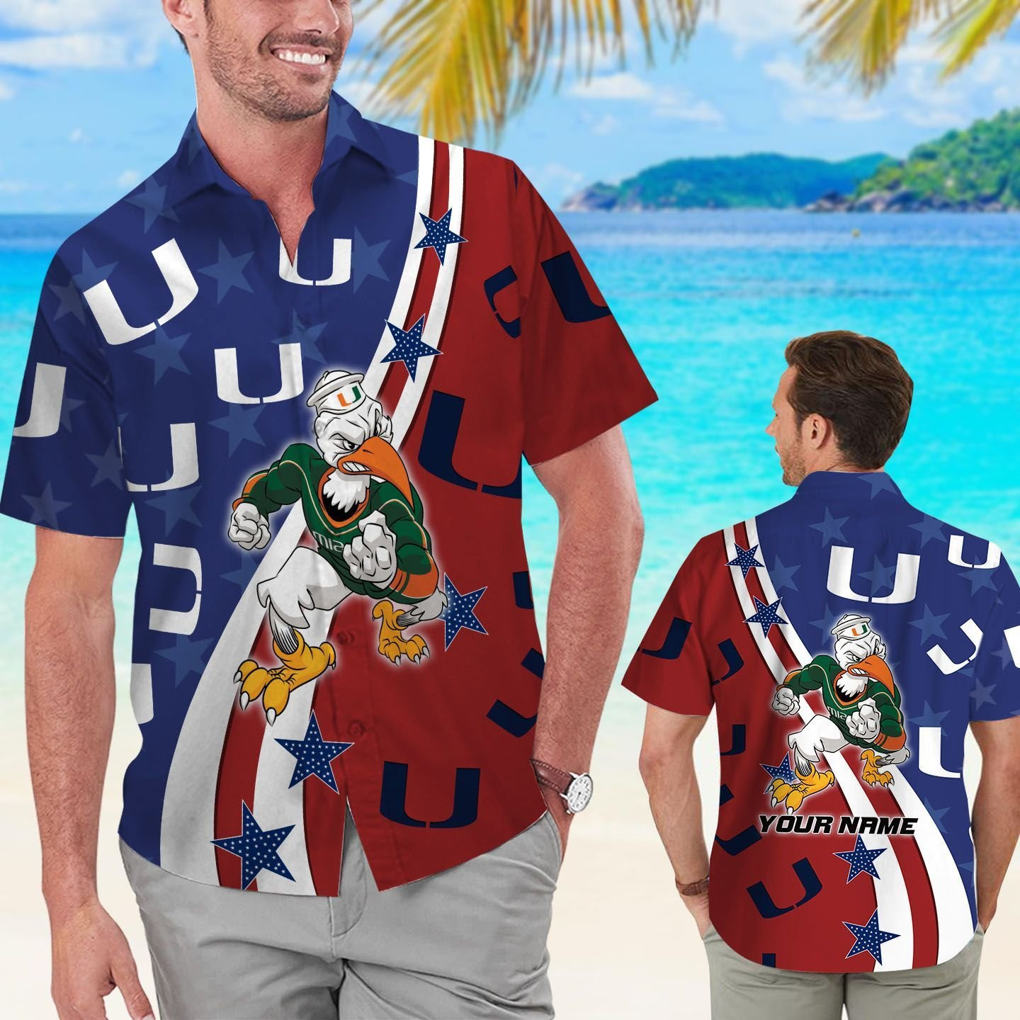 Miami Hurricanes American Flag Custom Name Men Women Short Sleeve Button Up Tropical Aloha Hawaiian Shirts For Men Women University Of Miami