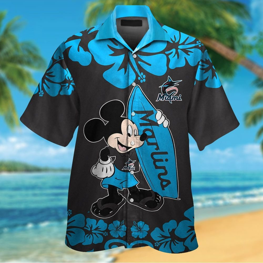 Miami Marlins Mickey Mouse Short Sleeve Button Up Tropical Aloha Hawaiian Shirts For Men Women