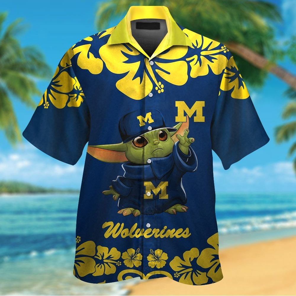 Michigan Wolverines Baby Yoda Short Sleeve Button Up Tropical Aloha Hawaiian Shirts For Men Women