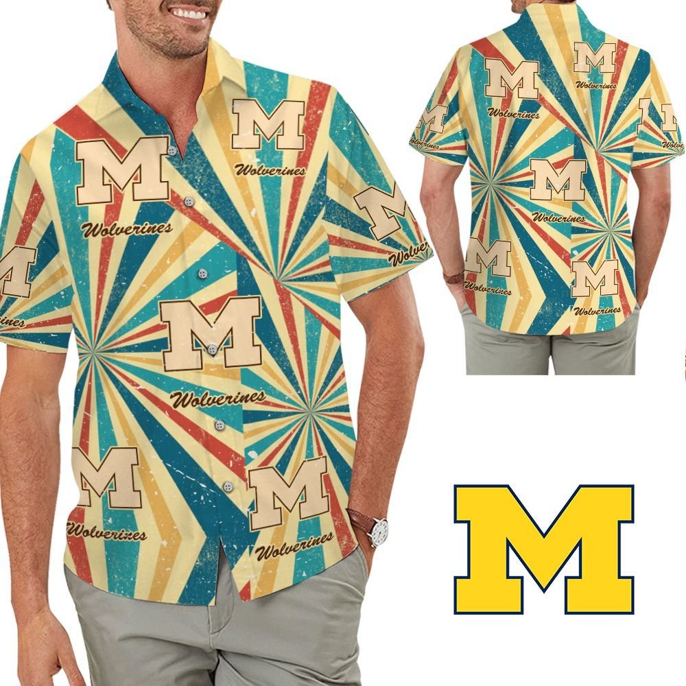 Michigan Wolverines Retro Vintage Style Short Sleeve Button Up Tropical Aloha Hawaiian Shirts For Men Women For Trumpeters On Beach Summer Vacation University Of Michigan