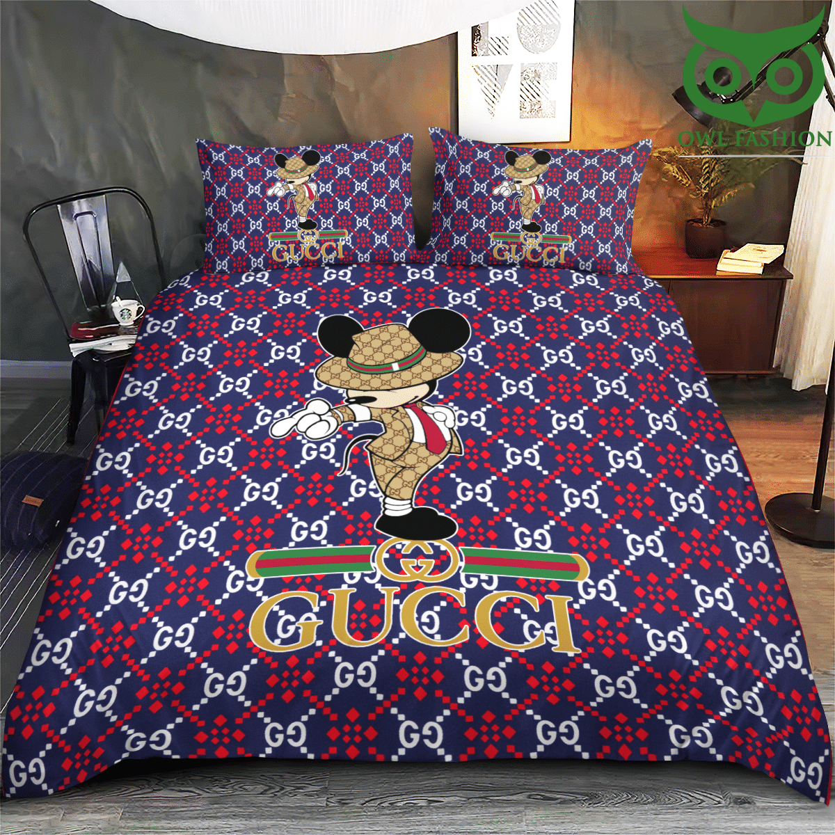 Mickey Mouse wearing Gucci suit blue bedding set