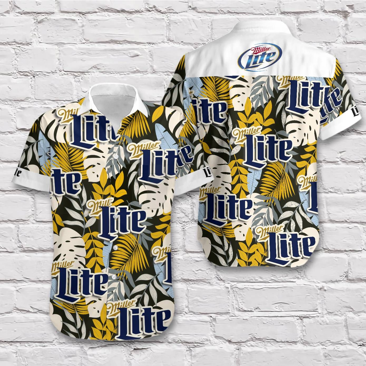 Miller Lite Beer Yellow Light Blue Pattern Tropical Vibe Style Short Sleeve Hawaiian Man Shirt Big And Tall Hawaiian Shirts