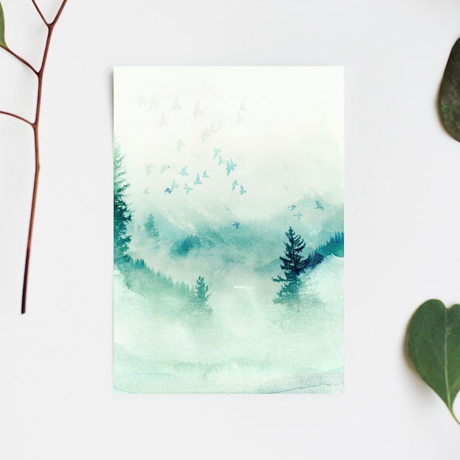 Minimalist Mountain Wall Art Print, Green Watercolour Mountain Painting, Abstract Snowy Forest Art Print, Watercolour Birds Nature Art