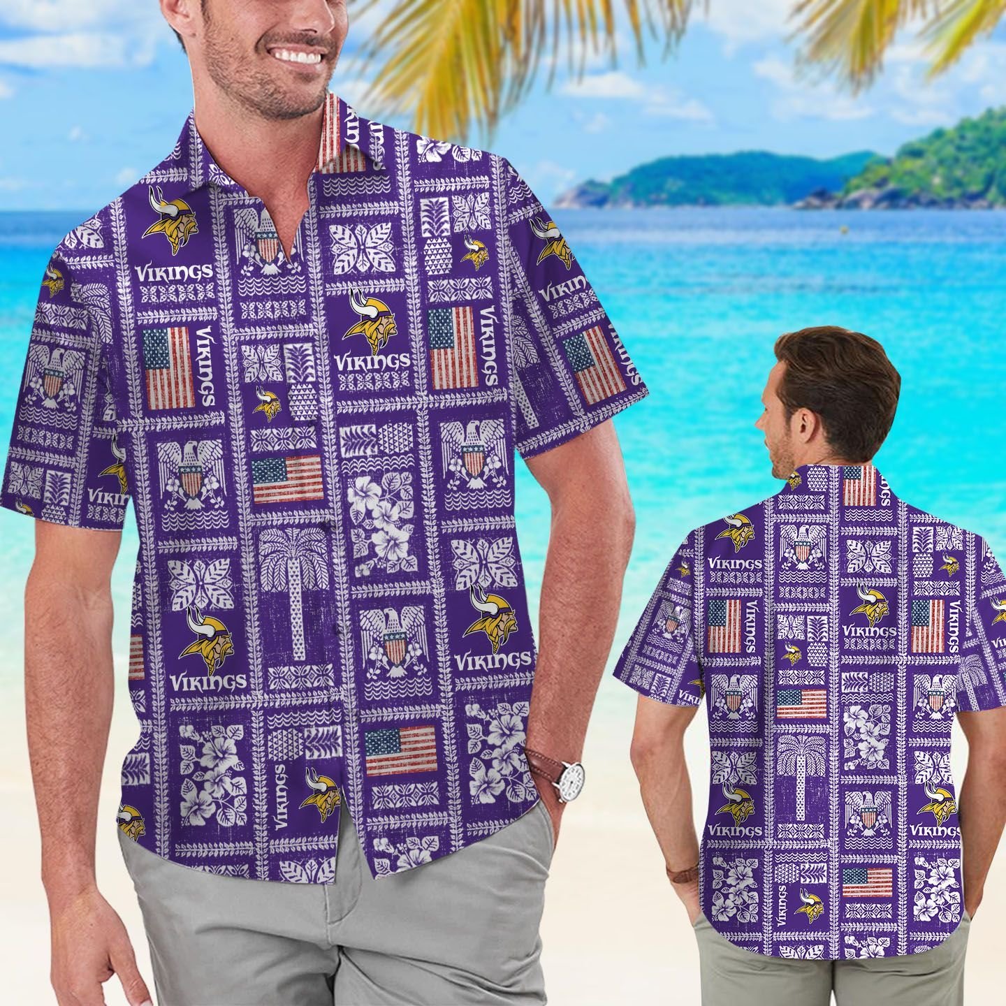 Minnesota Vikings Summer Commemorative Short Sleeve Button Up Tropical Aloha Hawaiian Shirts For Men Women
