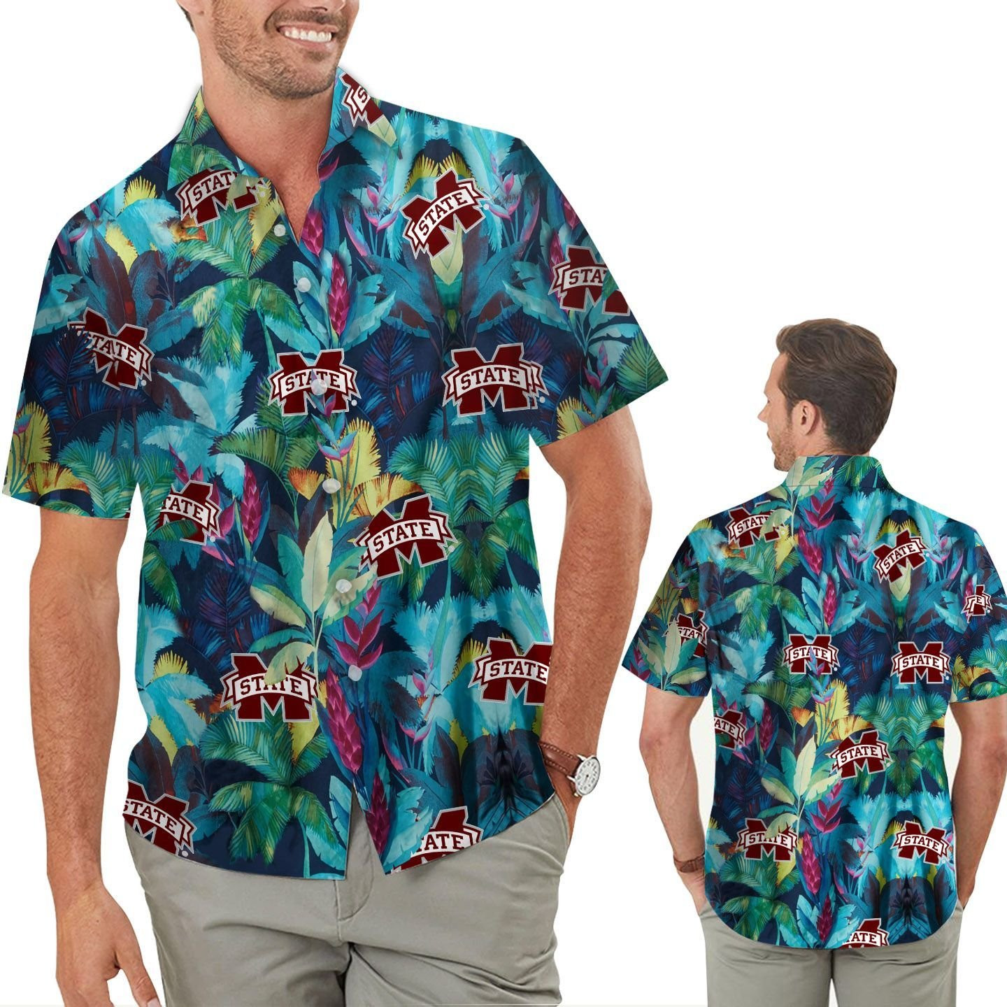 Mississippi State Bulldogs Floral Tropical Men Women Short Sleeve Button Up Tropical Aloha Hawaiian Shirts For Men Women Mississippi State University