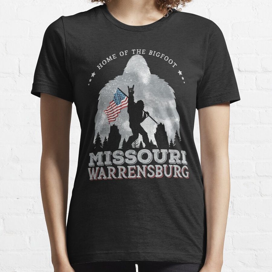 Missouri Warrensburg Funny Bigfoot American Flag In The Forest Sasquatch Essential T-Shirt