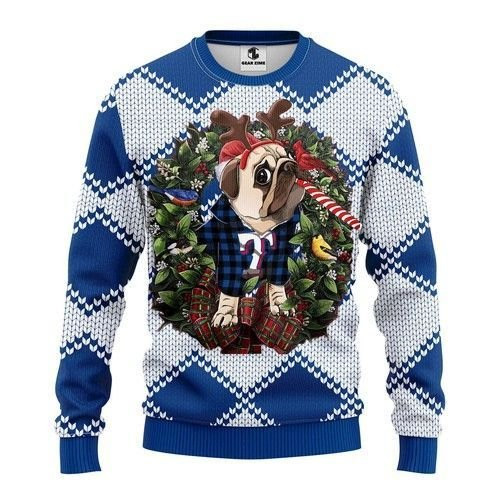 Mlb Texas Rangers Pug Dog Ugly Christmas Sweater All Over