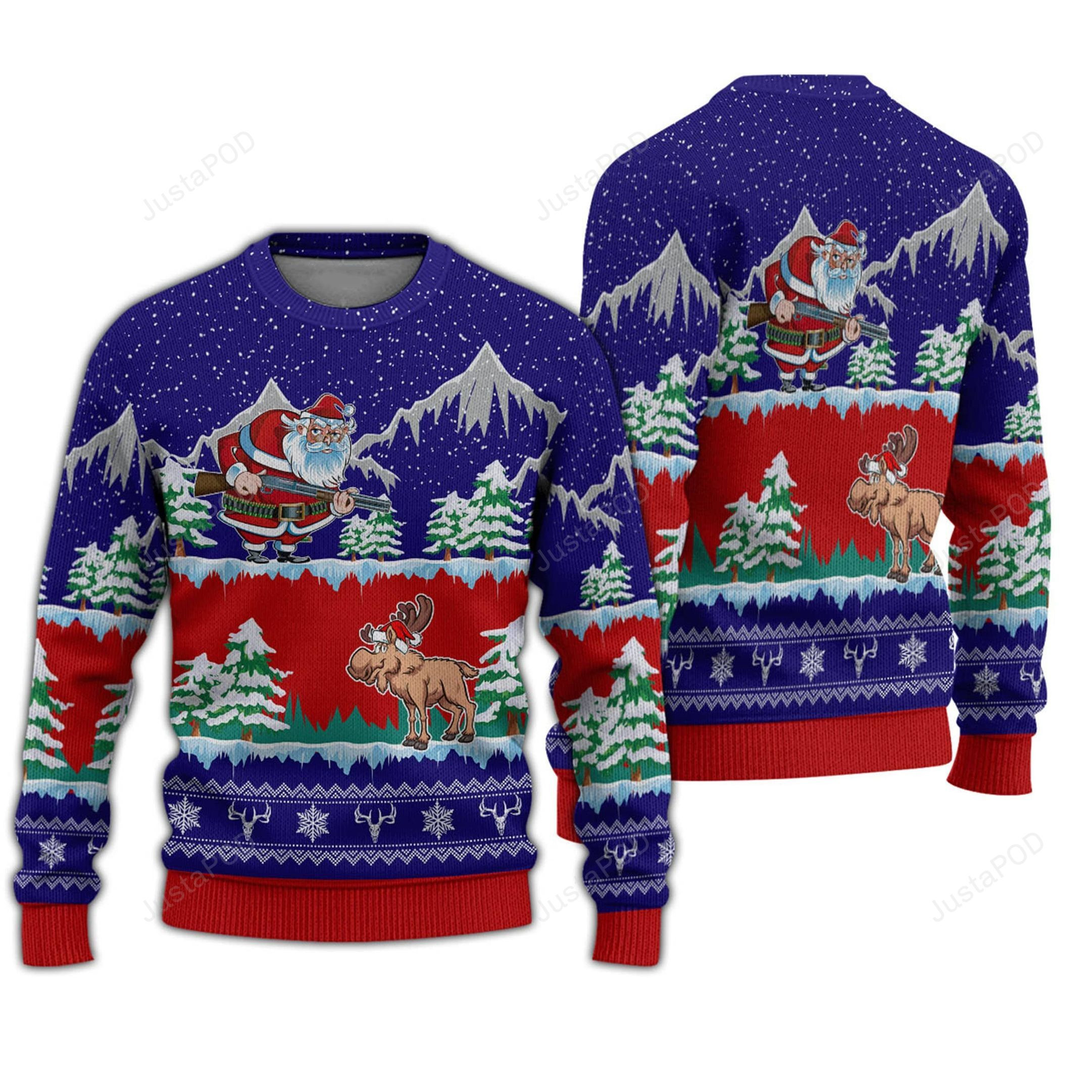 Moose Hunter Santa Ugly Christmas Sweater All Over Print Sweatshirt