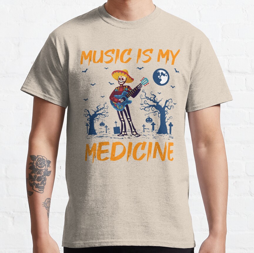 Music Is Medicine, Skeleton Musician Guitar, skeleton playing guitar, Halloween Skeletons 2022 Classic T-Shirt