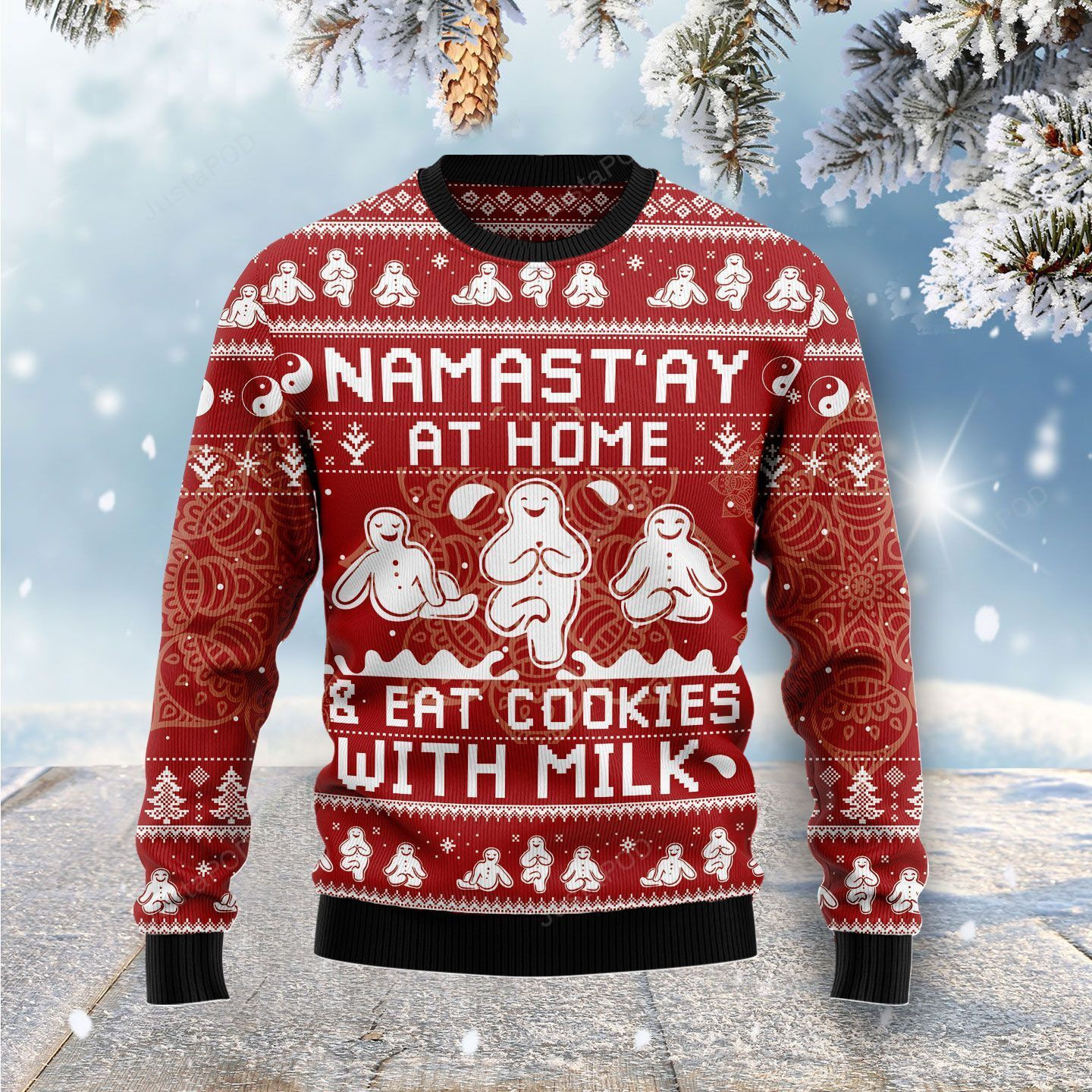 Namastay At Home Eat Cookies With Milk Christmas Ugly Sweater