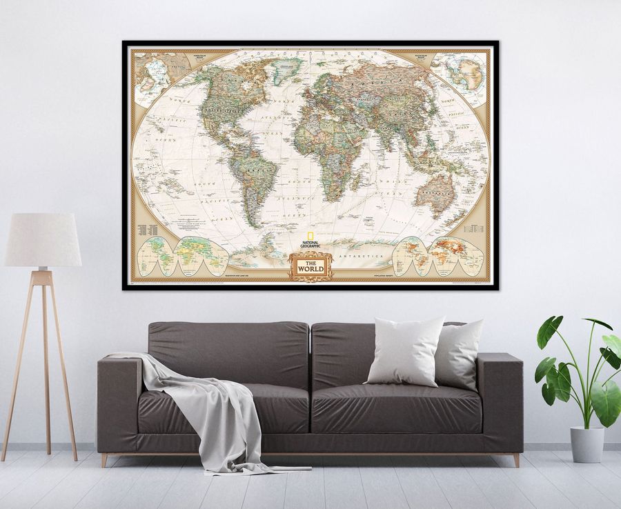 National Geographic Executive Antique Ocean World  Political Map -  Natgeo World Wall Map Poster Print - Beige Ocean Color 