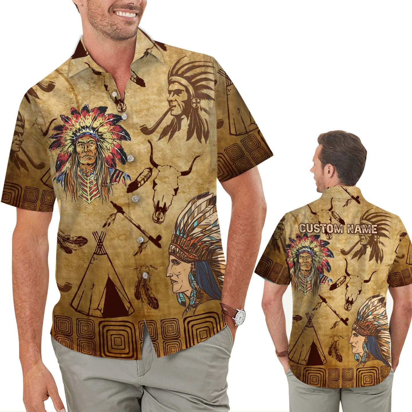 Native American Symbol Pattern Feather Hat Custom Name Personalized Men Button Up Hawaiian Shirt For American Indian