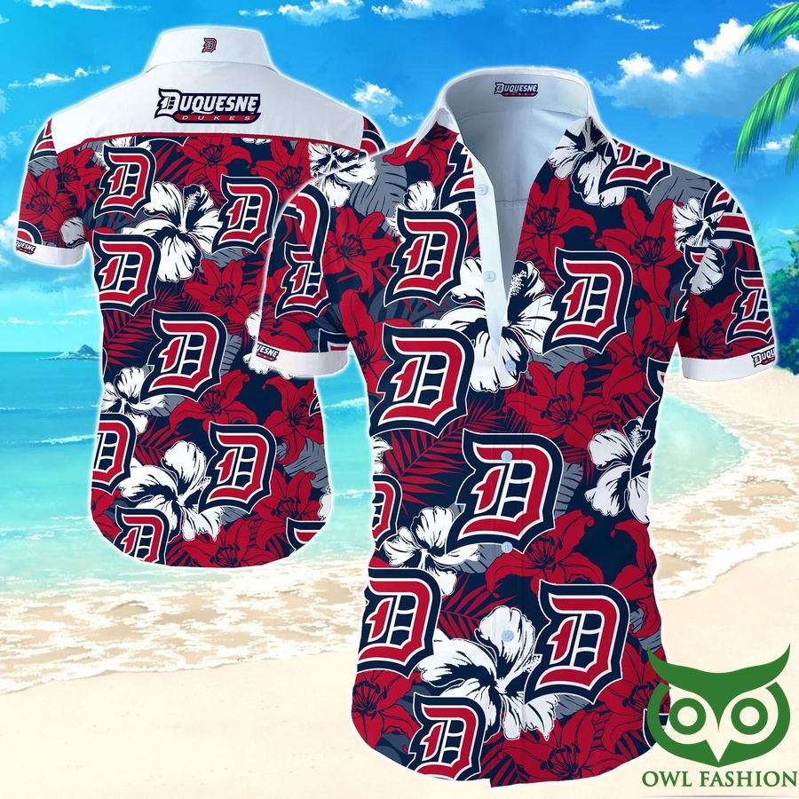 NCAA Duquesne Dukes Dark Blue and Red Flowers Hawaiian Shirt