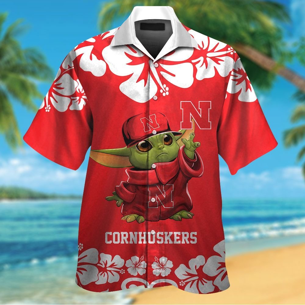 Nebraska Cornhuskers Baby Yoda Short Sleeve Button Up Tropical Aloha Hawaiian Shirts For Men Women