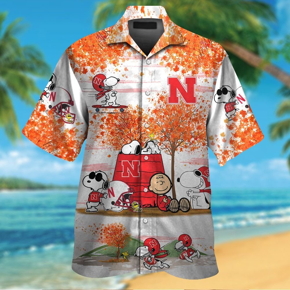 Nebraska Cornhuskers Snoopy Autumn Short Sleeve Button Up Tropical Aloha Hawaiian Shirts For Men Women
