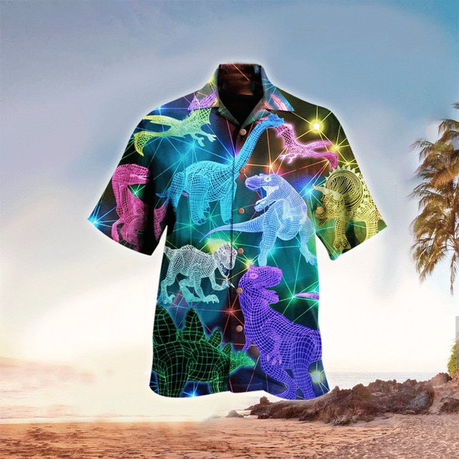 Neon Dinosaurs Hawaiian Unisex Shirt, Gift For Dinosaurs Lovers - Button Down Aloha Shirt, Short Sleeve Series - Vintage Hawaii Beach Shirt