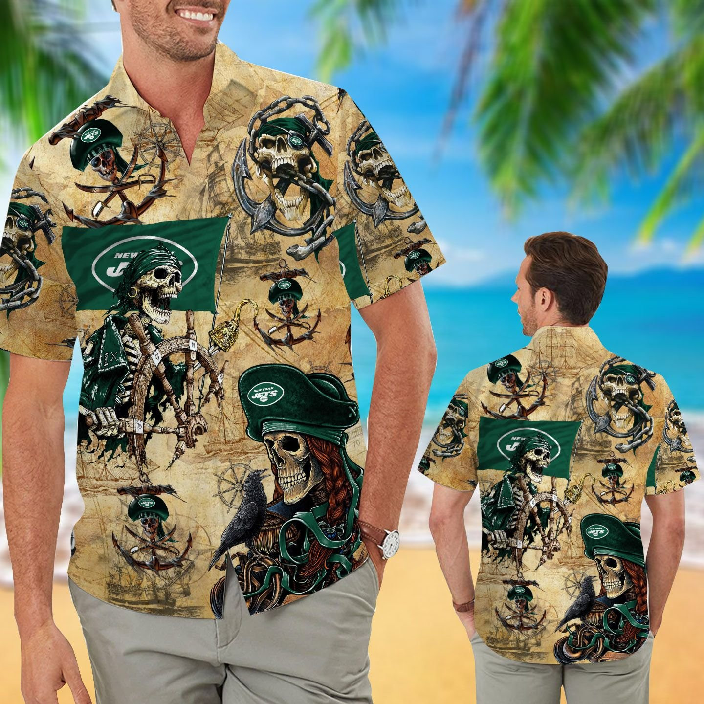 New York Jets Pirates Aloha Hawaiian Button Up Shirt Retro Vintage Style Full Size For Sale