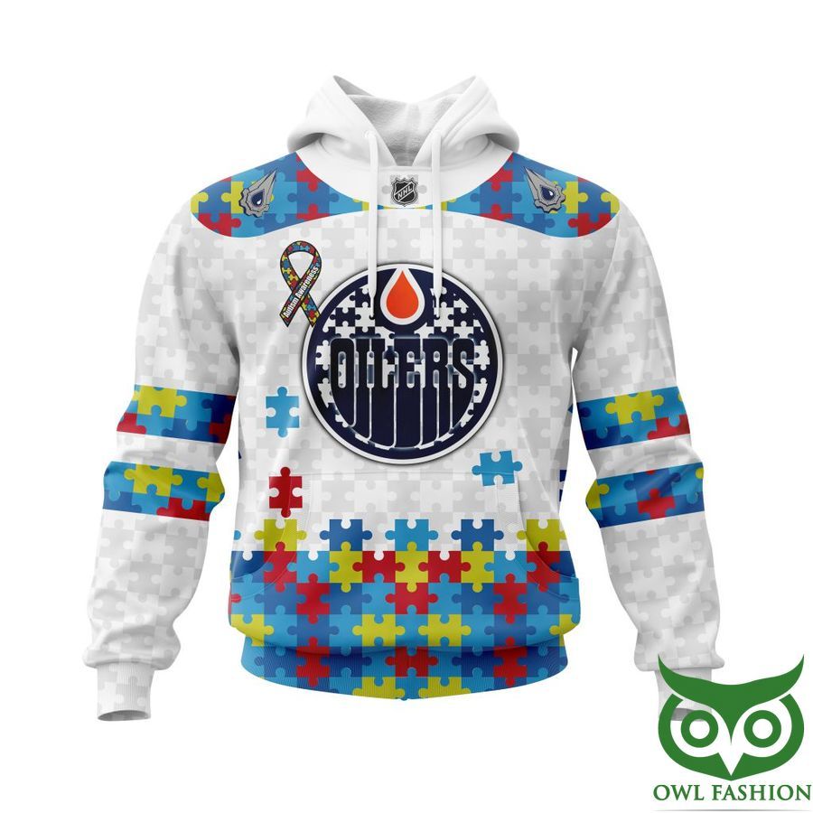 NHL Edmonton Oilers Autism Awareness Custom Name Number white puzzle hoodie sweatshirt