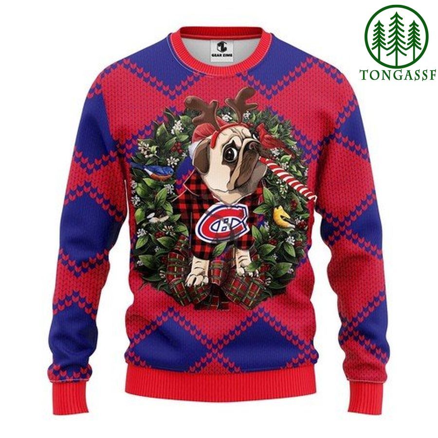 Nhl Montreal Canadiens Pug Dog and Candy Cane Christmas Ugly Sweater