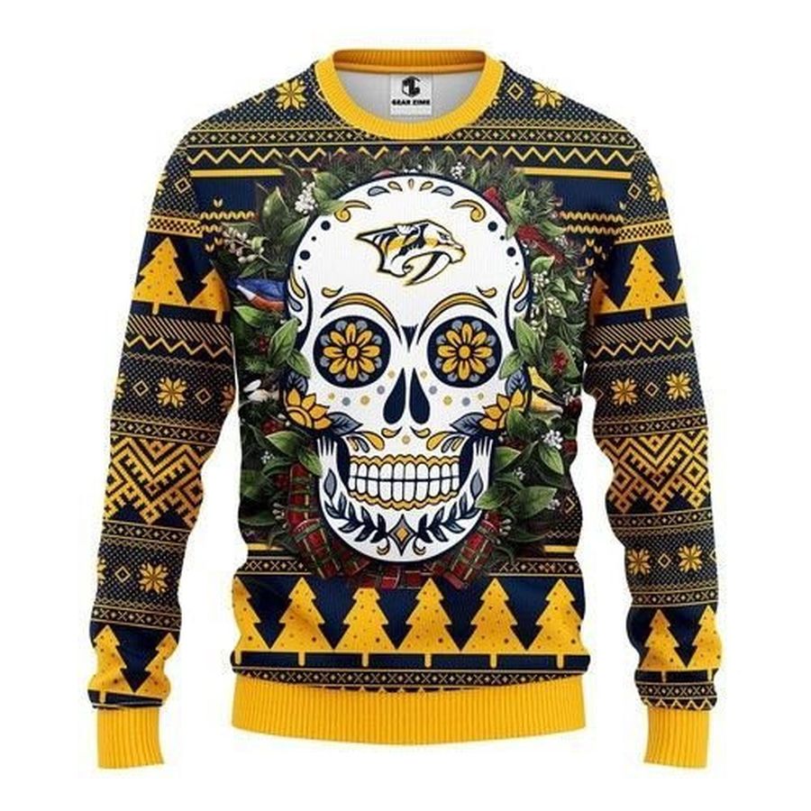 Nhl Nashville Predators Skull Flower Ugly Christmas Sweater All Over