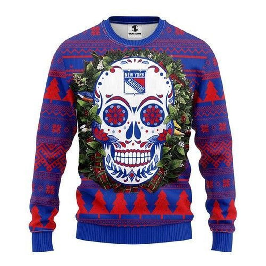 Nhl New York Rangers Skull Flower Ugly Christmas Sweater All