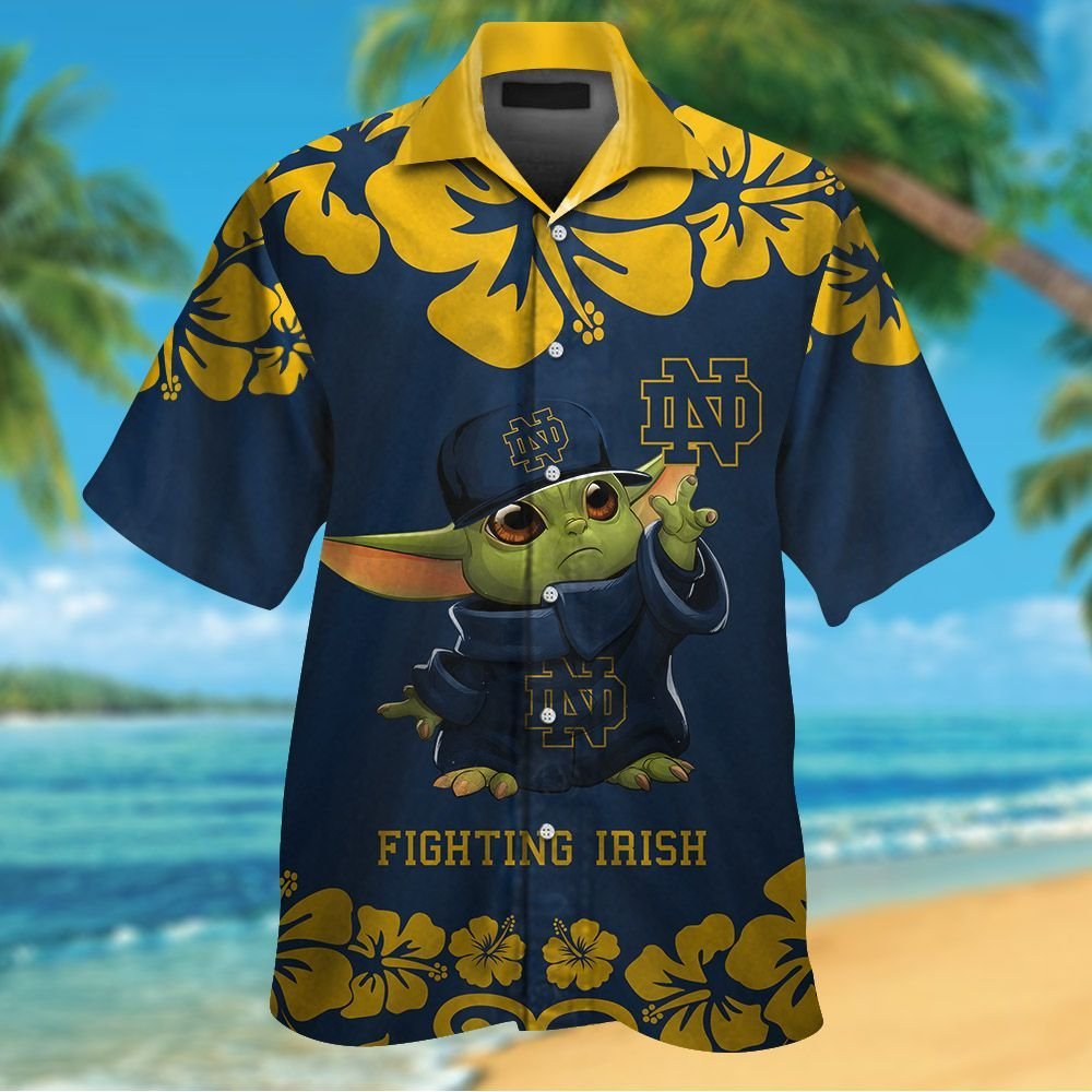 Notre Dame Fighting Irish Baby Yoda Short Sleeve Button Up Tropical Aloha Hawaiian Shirts For Men Women