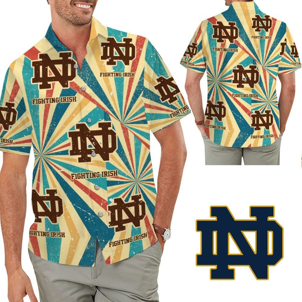 Notre Dame Fighting Irish Retro Vintage Style Short Sleeve Button Up Tropical Aloha Hawaiian Shirts For Men Women For Trumpeters On Beach Summer Vacation University Of Notre Dame