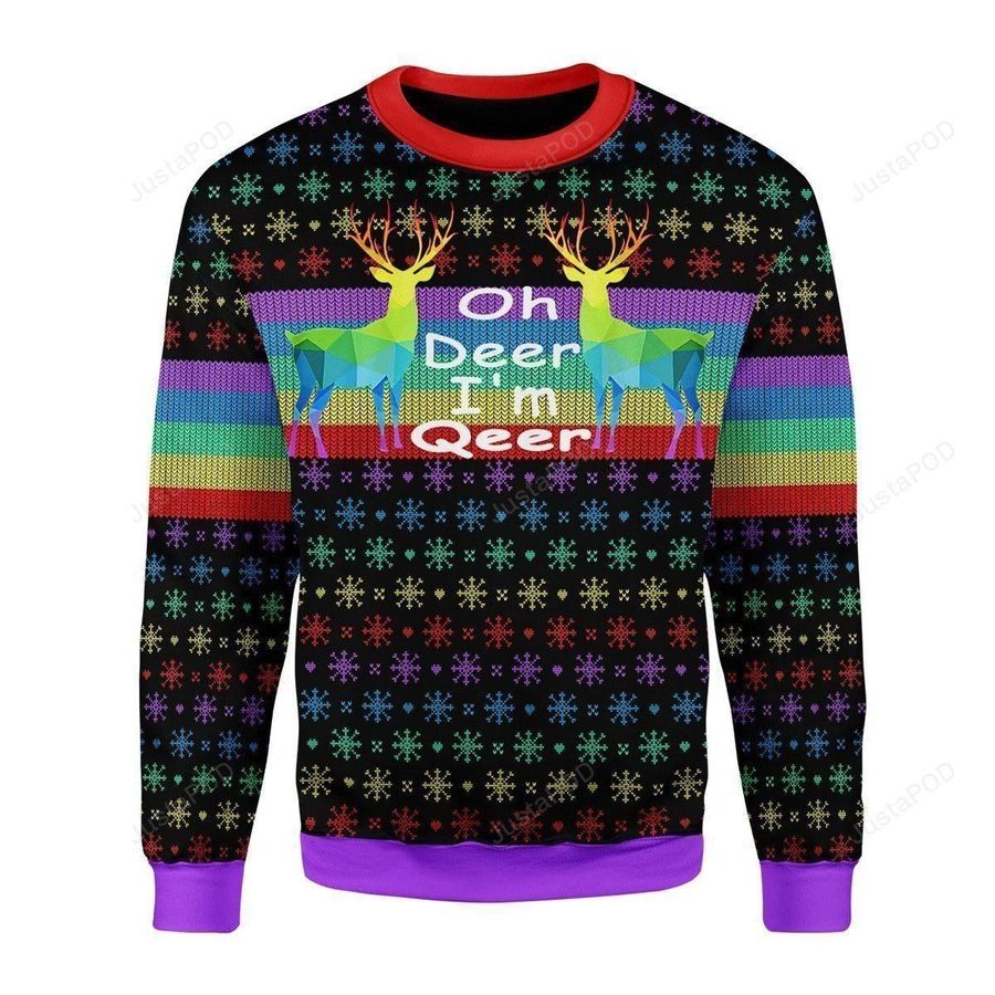 Oh Deer Im Qeer LGBT Ugly Christmas Sweater All Over