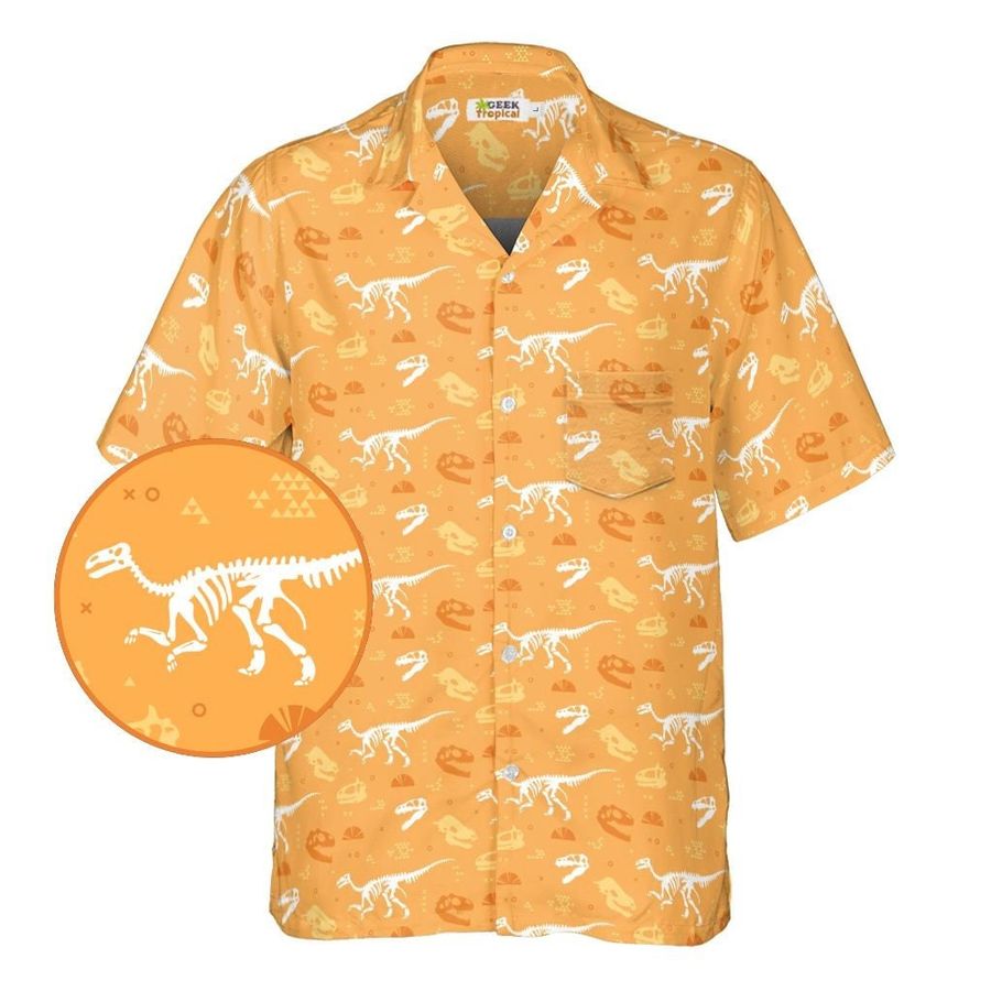 Orange Dinosaur Bones Button Up Unisex Nerdy Hawaiian Shirt  Dinosaur Button Up Shirt