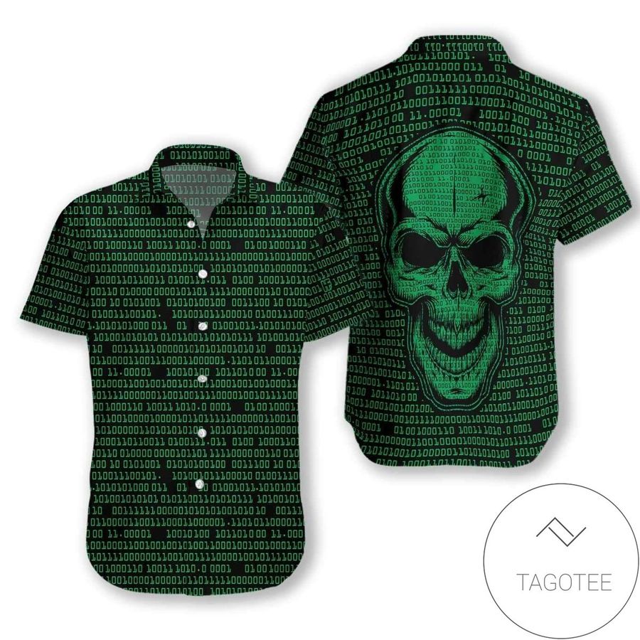 Order Binary Code Skull Dark Green Hawaiian Aloha Shirts
