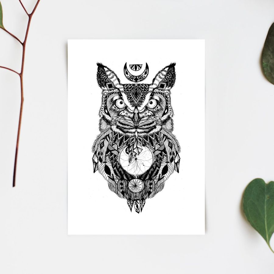 Owl and Dream Catcher Art Print, Boho Black and White Owl Mandala Wall Art, Contemporary Abstract Shapes Animal Artwork, Woodland Nursery
