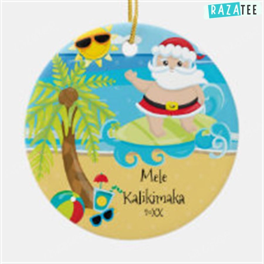 Palm Tree Surfing Santa Hawaiian Christmas Ceramic