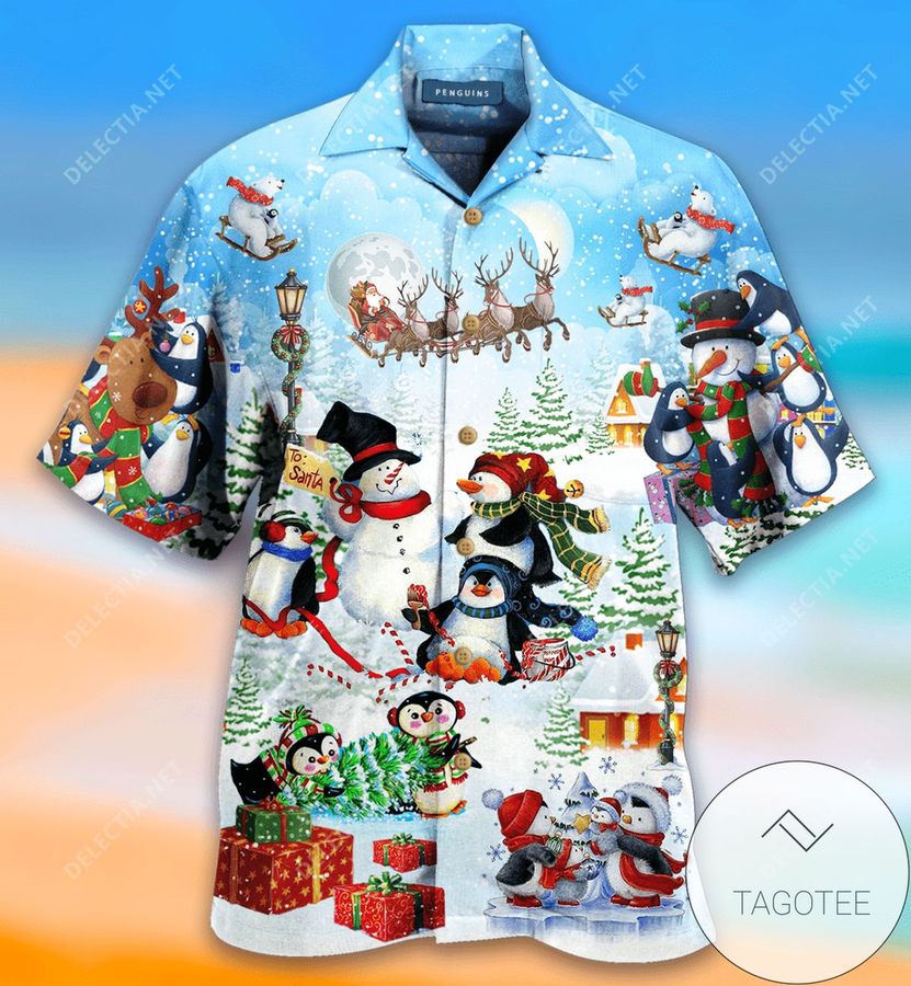 Penguins Under Snowy Merry Christmas Hawaiian Aloha Shirts
