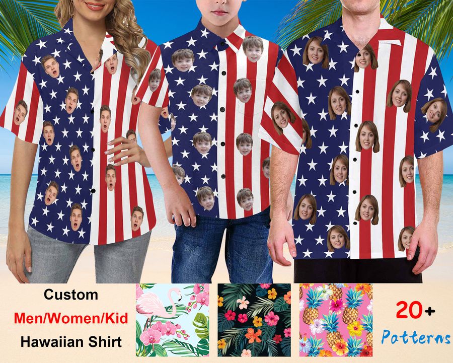 Personalized American Flag Shirts, custom hawaiian button shirt, photo Women hawaii shirt, Independence Day, Hawaiian shirt for man women