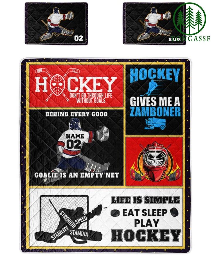 Personalized Hockey Behind Every Good Goalie is an empty net Quilt Bed Set
