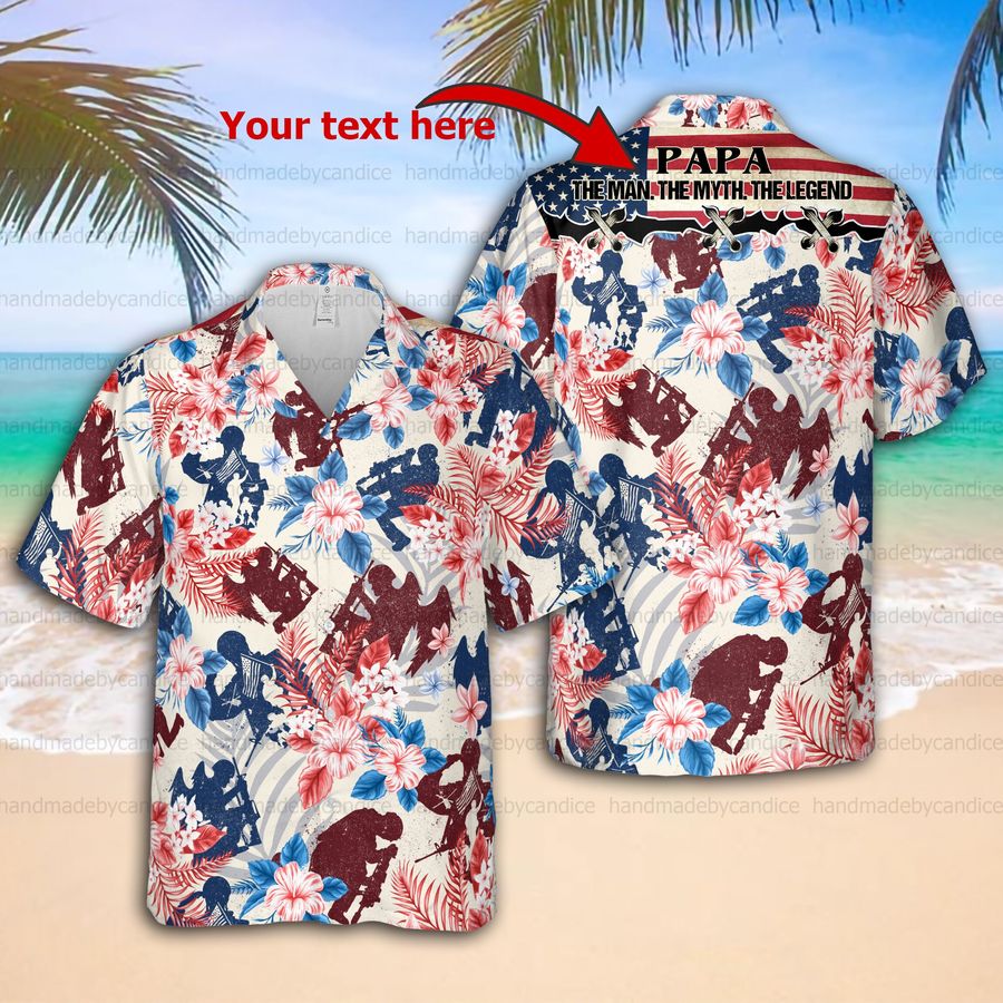 Personalized Vintage American Flag Hawaii Shirt, Tropical Red And Blue Floral Custom Hawaiian Shirt, Dad Mom Gift, Independence Day Gift