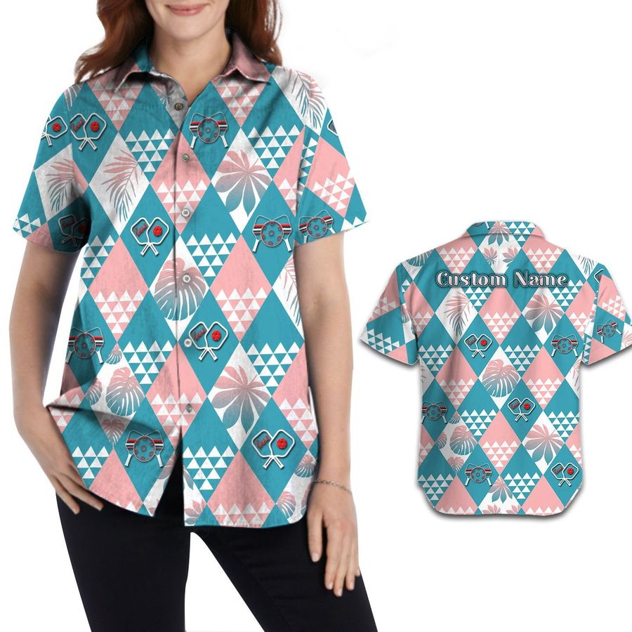 Pickleball Sport Floral Tropical Rhombus Pattern Custom Name Personalized Gifts Women Aloha Button Up Hawaiian Shirt