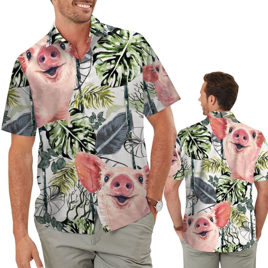 Pig Vintage Tropical Leaves Men Aloha Hawaiian Button Up Shirt For Pig Lovers In Beach Summer Vacation