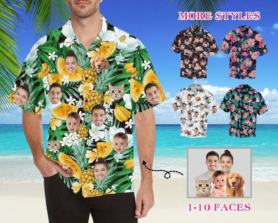 Pineapple Hawaii Faces Shirt, Custom Hawaiian shirt with Dogs Cats Faces Logos, Personalized Button Up Shirt, Birthday Bachelor Party Shirt