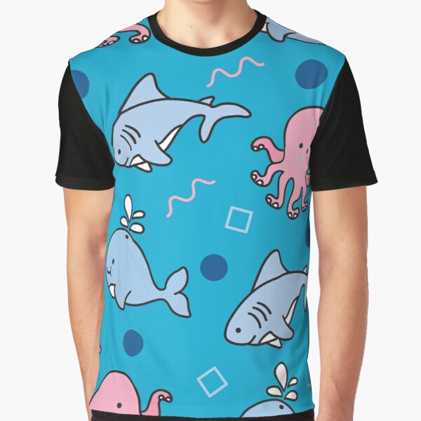 Pink Octopus, Gray Shark, Gray Whale on Blue Graphic T-Shirt