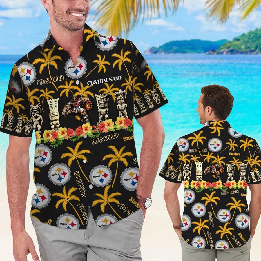 Pittsburgh Steelers Custom Name Short Sleeve Button Up Tropical Aloha Hawaiian Shirts For Men Women
