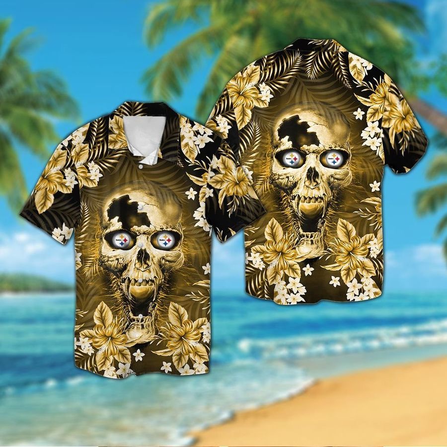 Pittsburgh Steelersskull Short Sleeve Button Up Tropical Aloha Hawaiian Shirts For Men Women