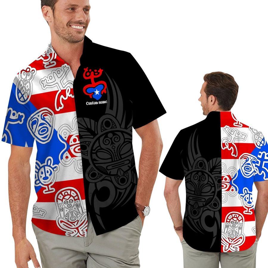 Puerto Rico Flag Coqui Taino Sun Custom Name Personalized Gifts Men Button Up Hawaiian Shirt For Boricua Puerto Ricans